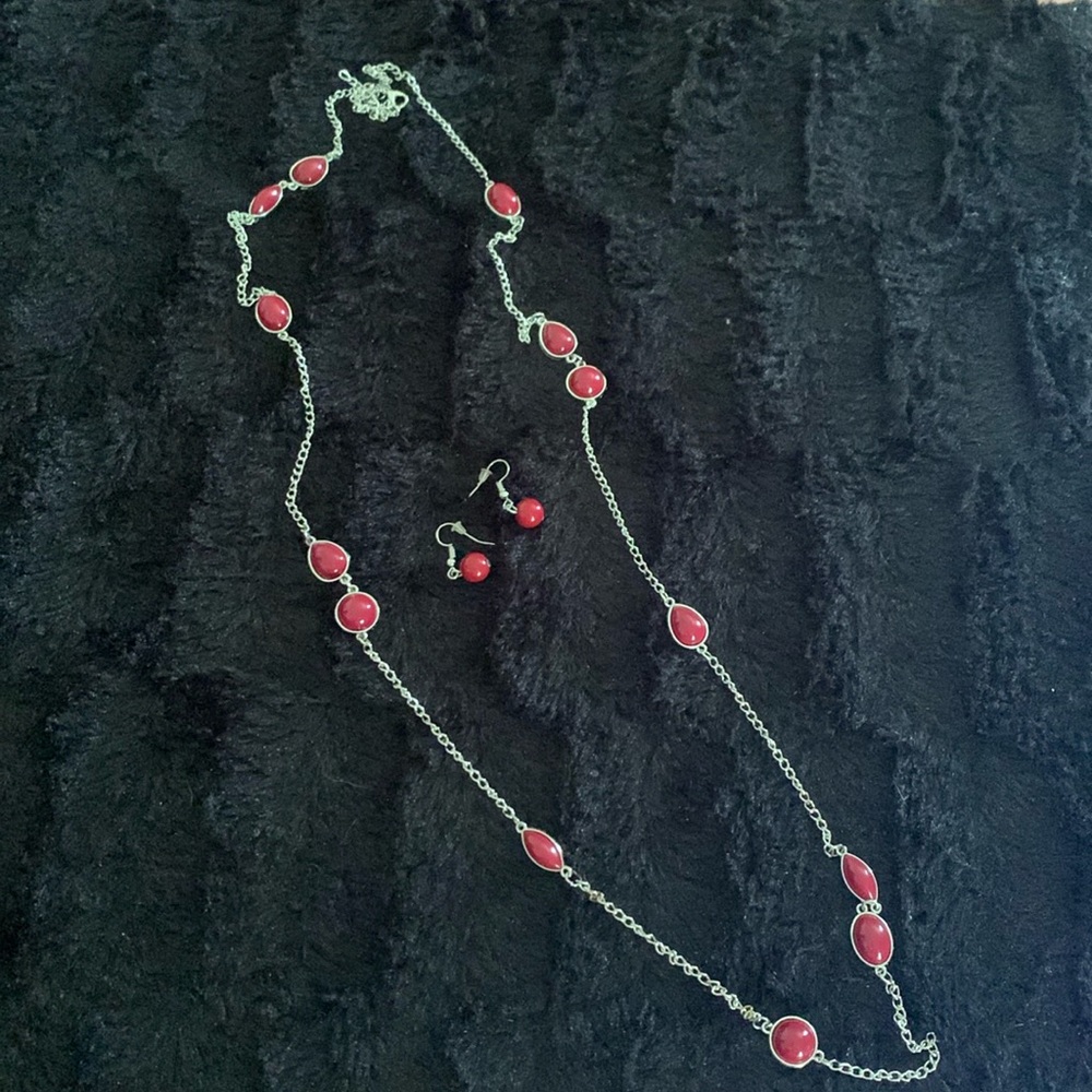 Long Silver & Red Necklace